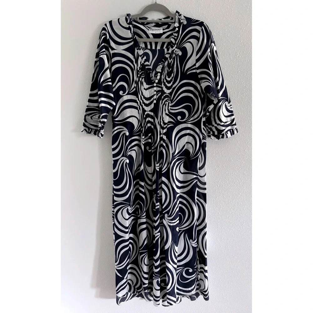One Season Australia Maxi Dress Womens Large Blue White Cotton Resort Travel - Picture 1 of 4
